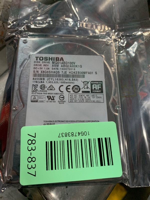Photo 1 of ***FACTORY SEALED***Toshiba 1TB 5400RPM 8MB Cache SATA 3.0Gb/s 2.5 inch Notebook Hard Drive (MQ01ABD100V) - 1 Year Warranty,Usb