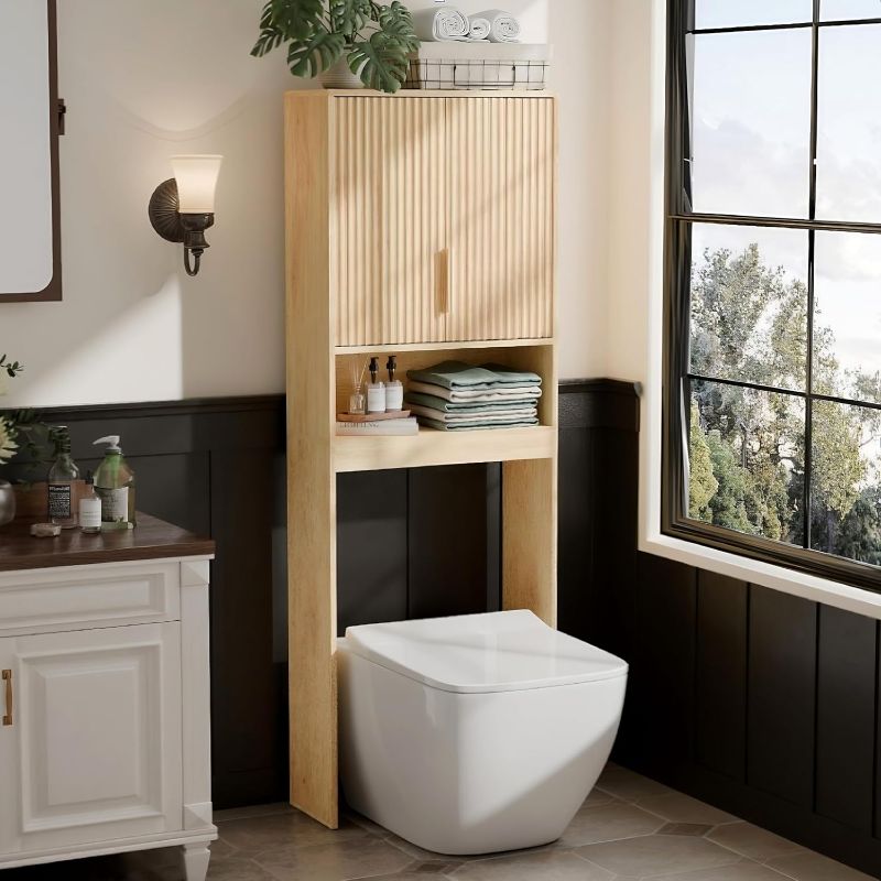 Photo 1 of  Over The Toilet Storage Cabinet with Fluted Doors, Mid Century Modern Bathroom Organizer Over Toilet, Freestanding Wooden Space Saver Stand with Adjustable Shelves, Natural Oak