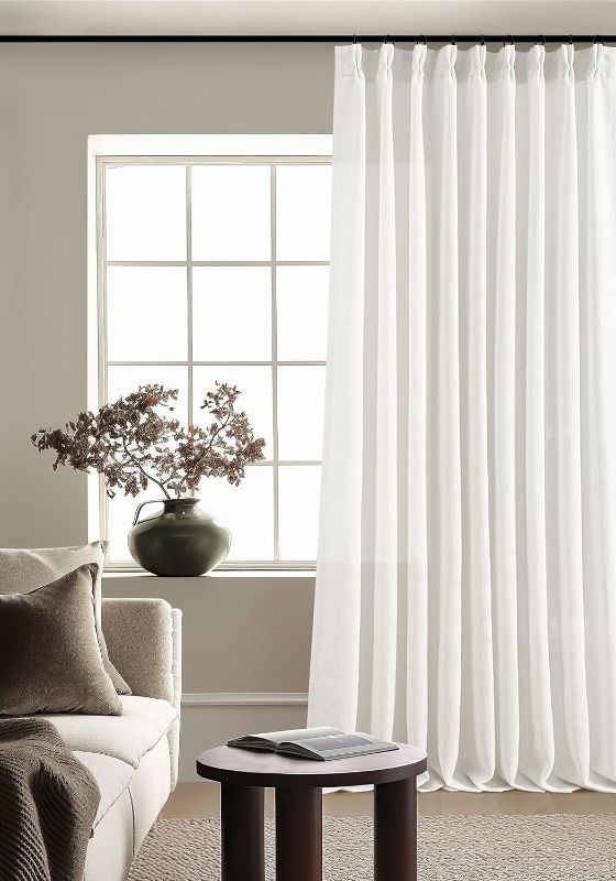 View 1 of (NEEDS LIGHT CLEANING) Beige White Pinch Pleated Linen Curtains 1 Panel for Living Room Bedroom Memory Training Shaped Semi Sheer Pleat Drapes with Hooks Rings Light Filtering Window Curtain 60x108