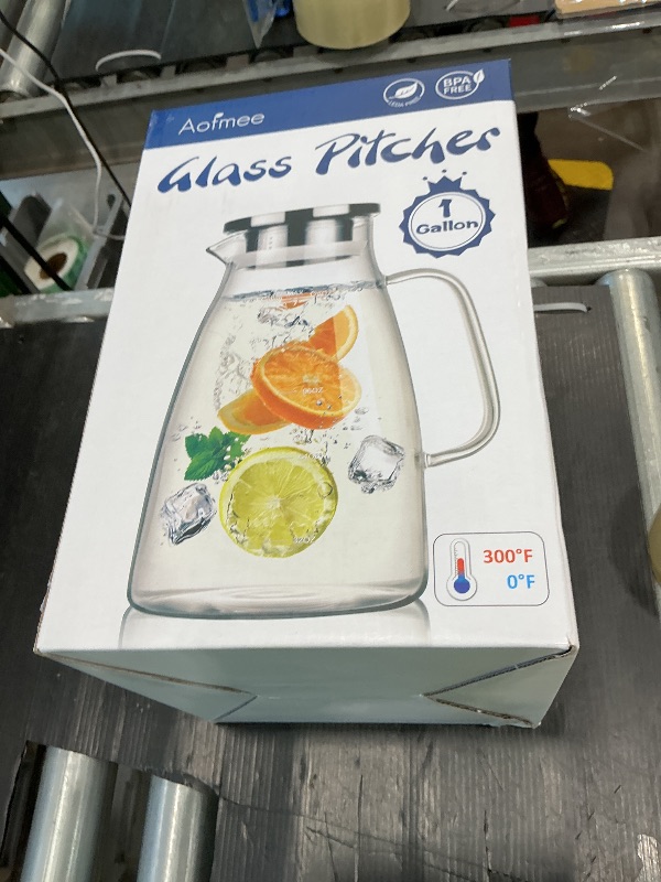 Photo 1 of 1 Gallon 128oz Glass Pitcher, Water Pitcher with Lid and Spout, Glass Carafe for Hot/Cold Drink, Water Jug for Iced Tea, Coffee, Juice, Milk, Beverage (Extra-Wide Mouth)