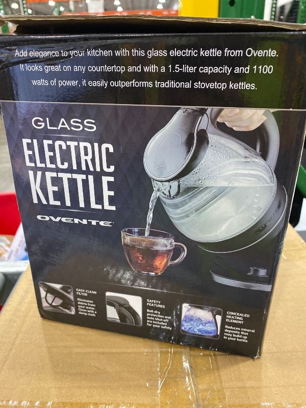 Photo 1 of *UNTESTED*
OVENTE Electric Kettle, 1.5L Borosilicate Glass Countertop Water Heater and Boiler for Coffee or Tea, BPA-Free, Auto Shut-Off, Boil-Dry Protection, Removable and Washable Spout Filter, Black KG83B