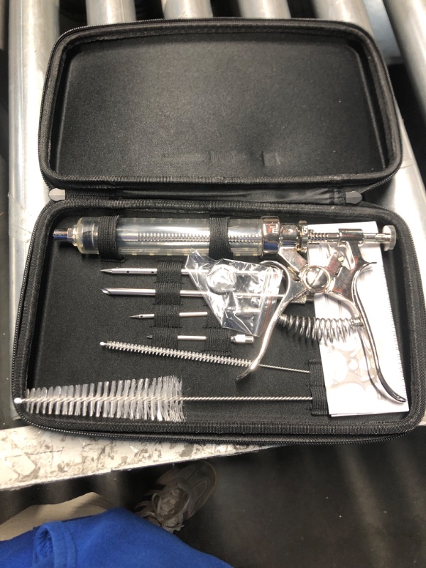 Photo 1 of ***(PARTS ONLY/MAJOR DAMAGE/ NON FUNCTIONAL)***J&B Goods Professional Automatic BBQ Meat Marinade Injector Gun Kit with Case, 2 oz Large Capacity Barrel and 4 Commercial Grade Marinade Needles.