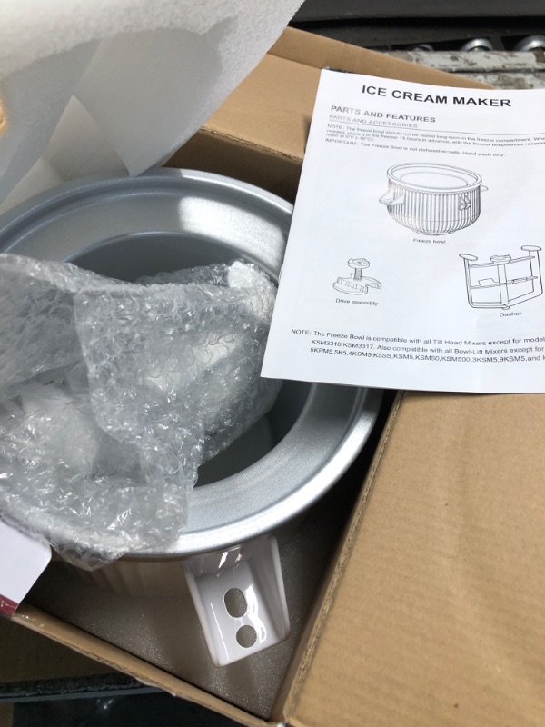 Photo 1 of ( 1 set) Ice Cream Maker Attachment for KitchenAid Stand Mixer, Ice Cream Bowl Compatible with 4.5Qt and Larger Stand Mixers, Ice Cream & Sorbet Gelato Maker Attachment, 2 Quart, White