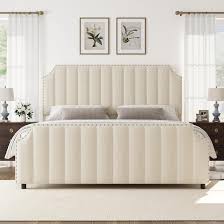 Photo 1 of Qeetex Queen Size Platform Bed Frame with 50inch Headboard Velvet Upholstered Bed Frame Queen with Vertical Channel Tufted Headboard and Footboard Nailhead Trim No Box Spring Needed Beige