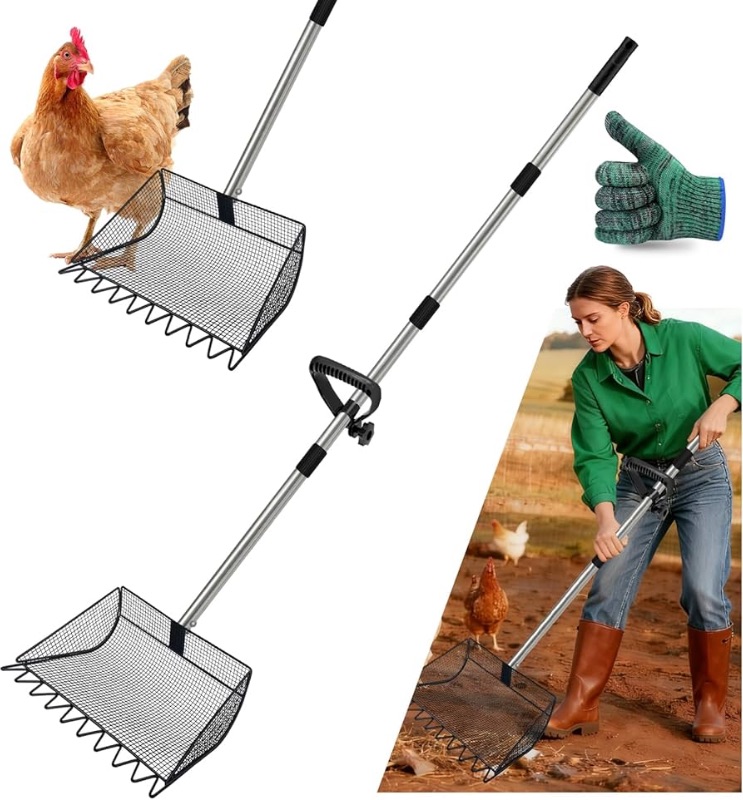 Photo 1 of 2-in-1 Chicken Poop Scooper & Rake, 12 Inch Large Metal Shovel Head, Chicken Litter Scoop with Adjustable Handle for Chicken Coop & Pet Waste Cleaning (37 to 65"), US Patent Pending (Black)
