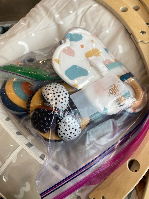 Photo 1 of *MISSING PARTS UNKNOWN*
Blissful Diary Baby Play Gym & Activity Mat, 5 Developmental Zones Wooden Tummy Time Mat with 5 Detachable Sensory Toys for Motor Skills & Sensory Development, Baby Essentials Shower Gift