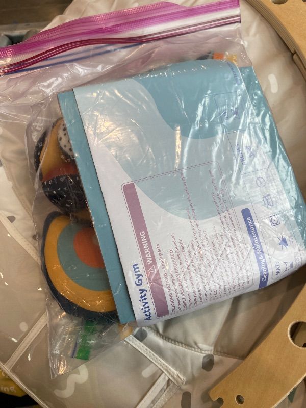 Photo 1 of *MISSING PARTS UNKNOWN*
Blissful Diary Baby Play Gym & Activity Mat, 5 Developmental Zones Wooden Tummy Time Mat with 5 Detachable Sensory Toys for Motor Skills & Sensory Development, Baby Essentials Shower Gift