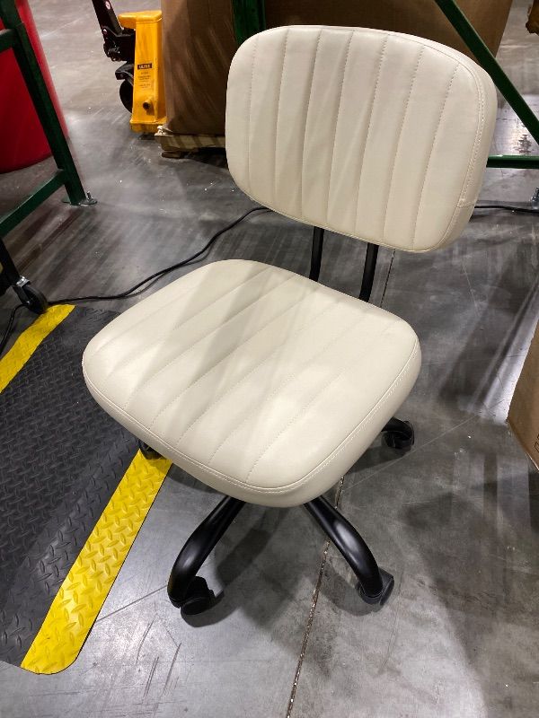 Photo 1 of *MINOR DAMAGE - USED*
DUMOS Armless Home Office Desk Chair -Small Ergonomic with Low Back Lumbar Support, Height Adjustable PU Leather Computer Task with 360° Swivel Rolling Wheels, for Small Space, Beige White