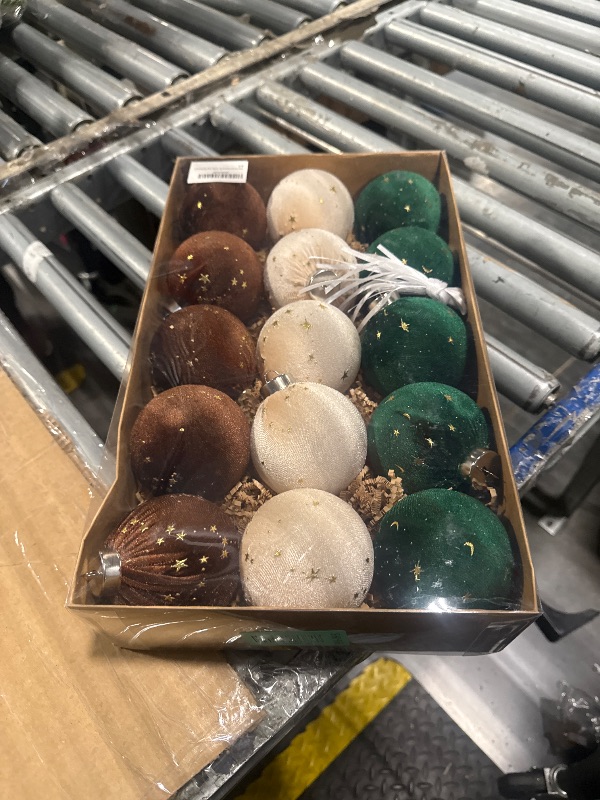 Photo 1 of 15 PCS Christmas Tree Ornaments Velvet Balls, 3.15 Inch Large Velvet Christmas Tree Ball Ornaments Set Star, Shatterproof Plastic Hanging Bulb for Xmas Tree Decorations - Multicolor Green Brown Beige