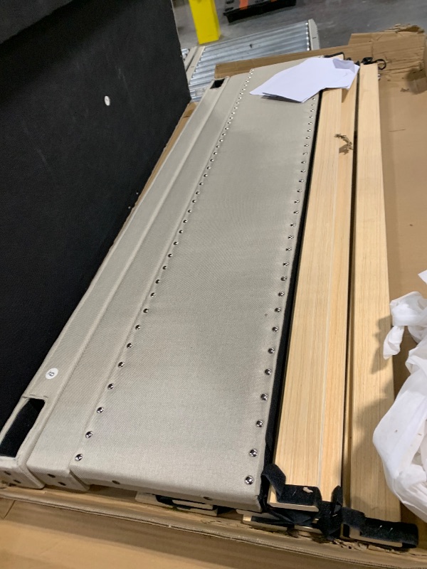 Photo 1 of ***MISSING HARDWARE***GarveeHome Upholstered Canopy Bed Frame Full Size with Headboard, Button Tufted, Nailhead Trim Design, No Box Spring Required, Natural(Shipped in 2 Boxes)