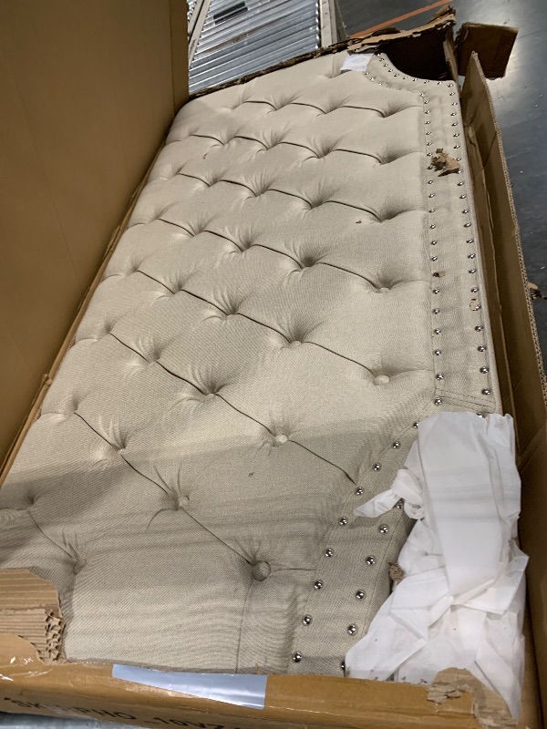Photo 1 of ***MISSING HARDWARE***GarveeHome Upholstered Canopy Bed Frame Full Size with Headboard, Button Tufted, Nailhead Trim Design, No Box Spring Required, Natural(Shipped in 2 Boxes)