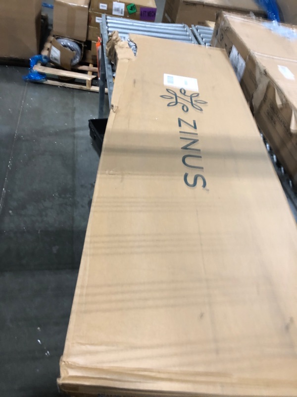 Photo 1 of **DAMAGED** Zinus Queen Maya Upholstered Bed Frame with Asymmetric Headboard, Durable Wooden Slats, Sturdy Framework, Noise Free Sleep, No Box Spring Needed, Easy Assembly, Eco Friendly Packaging, Dark Grey