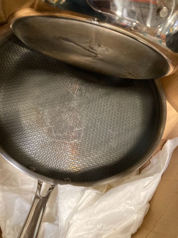 View 2 of ***ONLY 2 PANS, NO LID AND VERY USED.**** T-fal HybridMesh Tri-Ply Stainless Steel 3 Piece Frypan Cookware Set, 8, 10.25, 12 Inch, Induction Oven Safe 500F, Metal Utensil Safe, Pots and Pans, Dishwasher Safe, Needs Pre-Heating, Silver/Black