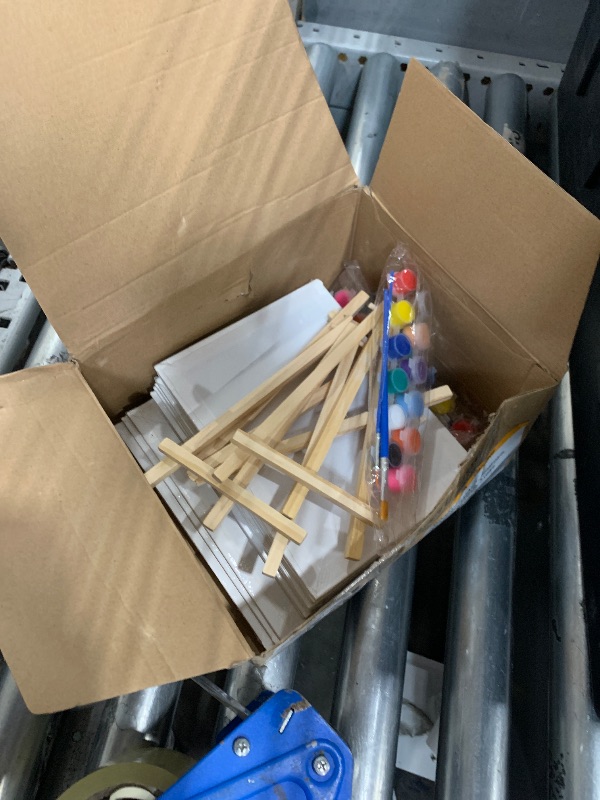Photo 1 of ***Missing items***Qilery 12 Set Acrylic Paint Kit Mini Stretched Canvas with Easel, Acrylic Paints Strips, Brushes, Palette, Art Set for Adults Birthday Party Favors(6 x 8 Inch)