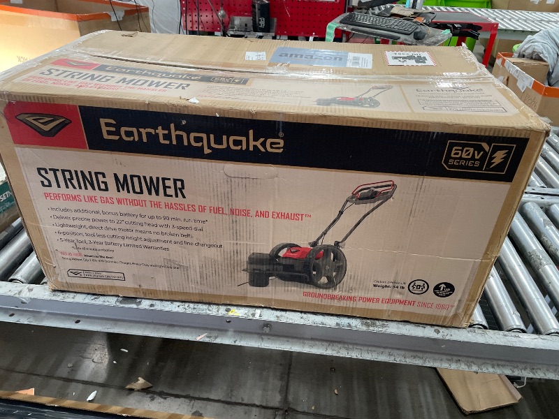 Photo 1 of ***SEE NOTES****Earthquake 60V Walk Behind String Mower, Includes Two 4Ah Batteries, 22” Cutting Diameter, Three Cutting Speed Dial, 14” Never-Go-Flat Wheels, Easy Assembly, Adjustable Handlebar, Model #44965