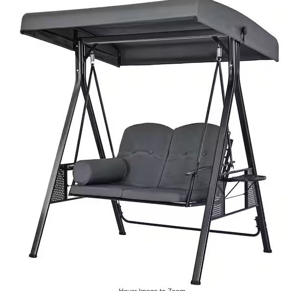View 1 of *INCOMPLETE BOX 2 OF 2 ONLY* 2-Person Gray Metal Patio Swing with Canopy and Cushions
