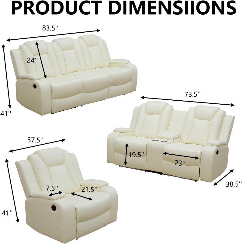 Photo 1 of ***************THIS ONLY INCLUDES THE LARGEST OF THE 3****************
Power Recliner Sofa Set with LED, Breathing Leather Sofa Set for Living Room, Living Room Set Reclining Couch Loveseat Chair with USB Port/Cup Holders/Storage (Cream White)