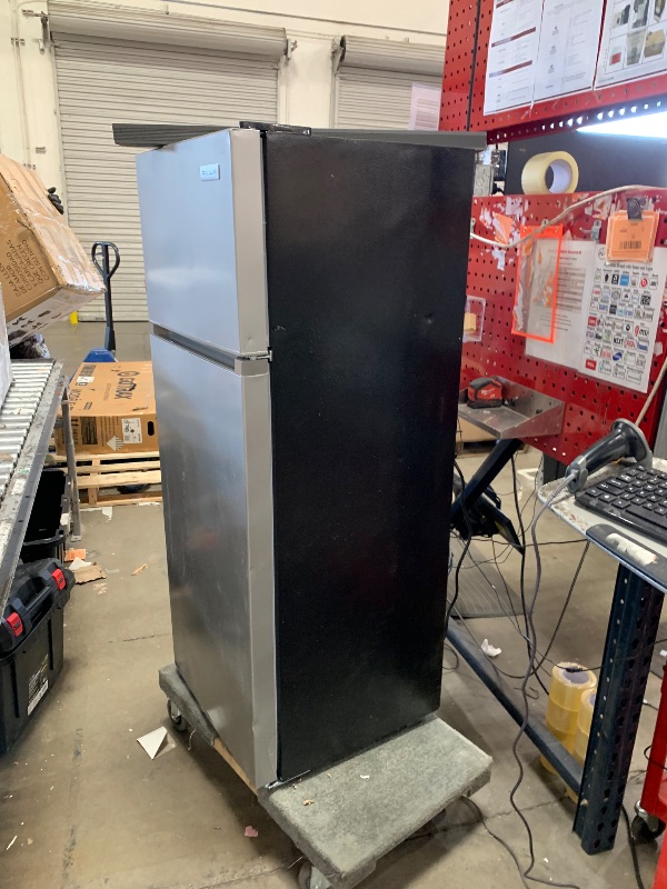 Photo 1 of ***DENTS***Frigidaire, 2 Door Apartment Size Refrigerator with Freezer, 7.5 cu ft, Adjustable Spill-Proof Shelves, Door & Crisper Bins, Platinum Silver, Garage Ready