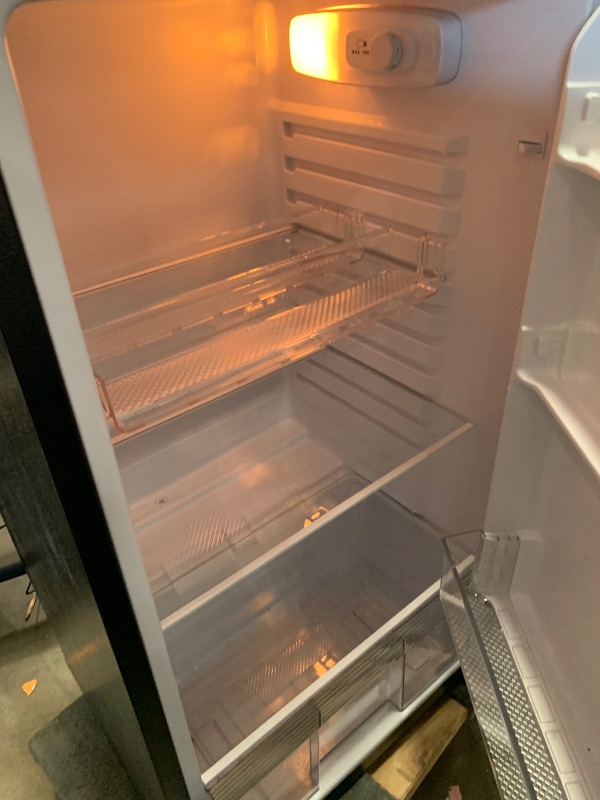 Photo 1 of ***DENTS***Frigidaire, 2 Door Apartment Size Refrigerator with Freezer, 7.5 cu ft, Adjustable Spill-Proof Shelves, Door & Crisper Bins, Platinum Silver, Garage Ready