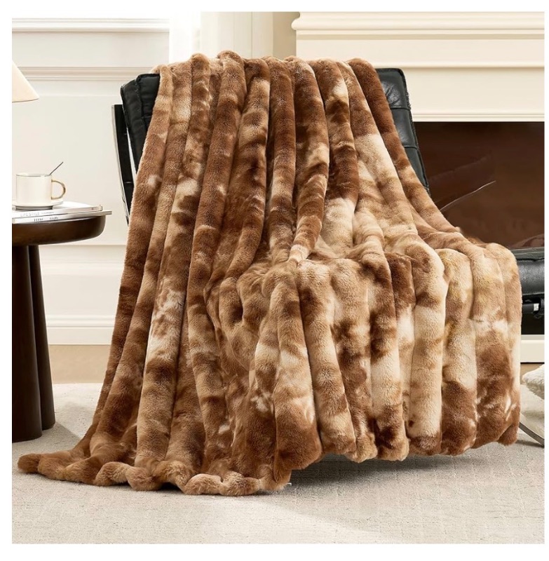 Photo 1 of 
Cozy Bliss Deluxe Striped Rabbit Faux Fur Throw Blanket, Soft Fluffy Warm Plush Blanket for Winter, Modern Homr Decor, Tie-dye Brown 50"x60"
