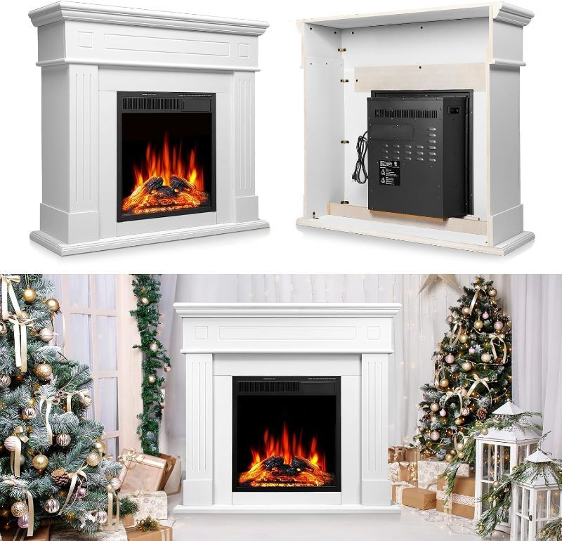 View 1 of (HEATER ONLY) Electric Fireplace Heater, Wooden Entertainment Center, Adjustable LED Flame, Freestanding (750W/1500W),Pearl White