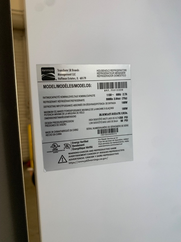 Photo 1 of **************FOR PARTS, ITEM IS MISSING PARTS AND HAS ISSUES WITH FUNCTIONALITY***************
Kenmore 36" French Door Refrigerator with Freezer - Accela Chill, Adjustable Shelving, Humidity Controlled Crispers, ENERGY STAR Certified, 20.3 cu. ft. Capaci