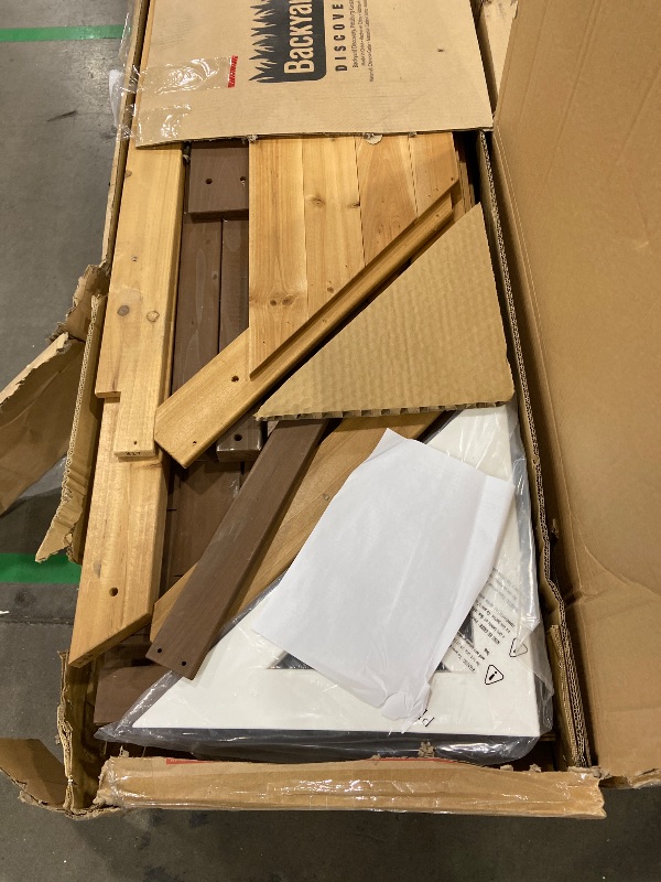 Photo 1 of ( 4Boxes but Only have Box 2/4 and 3/4)........Backyard Discovery Cedar Cove Wood Swing Set with Spiral Tube and Wave Slide, Clubhouse, Toy Grill, Snack Bar, Rock Wall, Belt Swings, Web Swing, Balcony,Chalkboard, Ladder,Outdoor Playset 10 Years