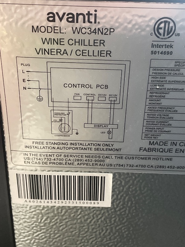 Photo 1 of *** DAMAGED DOOR SHOWN ****Avanti WC34N2P Wine Cooler Freestanding Single Zone with Temperature Control Holds Up to 34 Bottles, Stainless Steel Construction with Glass Door, Black