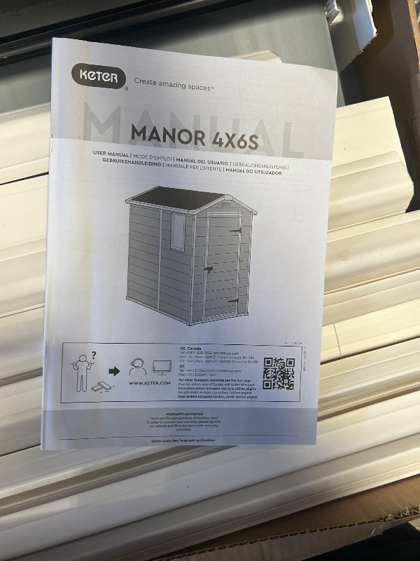 Photo 1 of ** MAY BE. A PARTIAL SET ***Keter Manor 4x6 Resin Outdoor Storage Shed Kit-Perfect to Store Patio Furniture, Garden Tools Bike Accessories, Beach Chairs and Lawn Mower, Grey & White