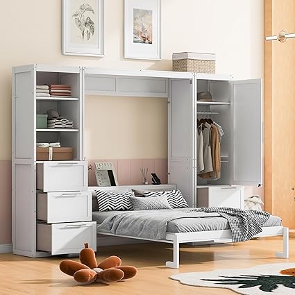 Photo 1 of ***PARTS ONLY*** ***NONFUNCTIONAL*** all & Cast Murphy Bed Queen Size Hideaway Beds with Hydraulic Lift & Desk Design,Industrial Multifunction Wood Wall Cabinets Bedframe box 1of 2 white size full
