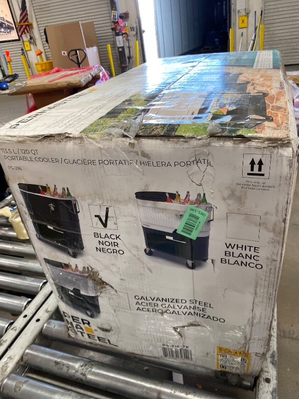 Photo 1 of **LOSSE HARDWARE, UNKNOWN IF ANY MISSING**Permasteel 120-Qt Rolling Ice Chest, Portable Patio Party Bar Drink Cooler Cart with Wheels, Drink Dividers - Perfect for Outdoor or Indoor Entertaining, and Parties, Black