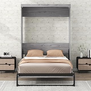 View 1 of Full Size Murphy Bed, Farmhosue Wall Bed Frame, Solid Wood Cabinet Bed Frame for Home Office, Guest Room, Apartment, Grey
