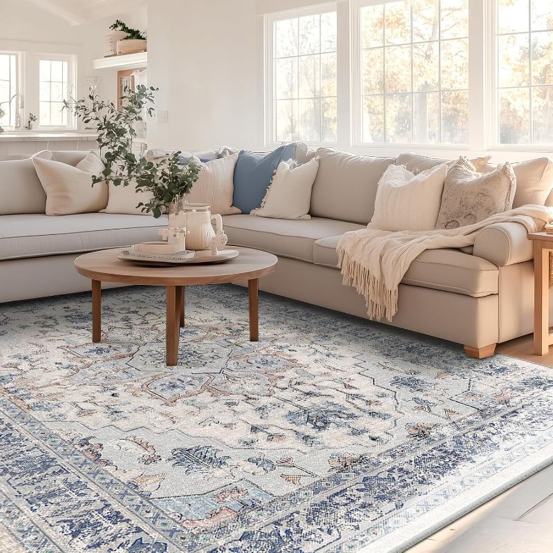 Photo 1 of (no packaging) BESTSWEETIE 8x10 Area Rug Washable Rugs for Living Room, No Pile Boho Carpet for Entryway Bedroom Dinning Room, Vintage Carpet Print Distressed Non-Slip, 8 x 10 ft, Beige Blue