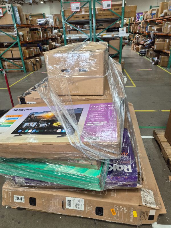 Photo 1 of 
Box Size: Damaged & Random TVs (Truck/Trailer Pickup Only) | This pallet includes approximately 8–10 mixed televisions, consisting of damaged, untested, and random-condition TVs. These units come directly from return centers and may have cracked screens,