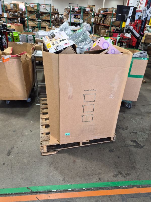 View 1 of
Box Size: 4-Foot Pallet (Truck/Trailer Pickup Only) | This 4-foot pallet contains roughly 200-300 assorted items, the same types we list for auction daily. Sourced from return centers, items are uninspected and may be new or gently used, with typical val