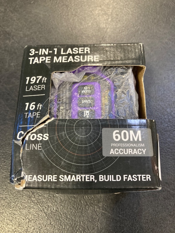 Photo 1 of 3 in 1 Digital Laser Tape Measure, 197ft/60m Laser Distance Meter, 16ft/5m Digital Tape Measure with Cross Line, Auto Lock, ft/in/m Unit Switch, Measure Area, Volume, Pythagorean