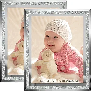 Photo 1 of 8x10 Picture Frames Silver - Set of 2, Sparkle Real Glass 8 by 10 Photo Frame Mirrored Edge Great Gift, for Tabletop Display, Wedding Birthday Christmas Day Gifts (8 x 10, Glitter Silver)