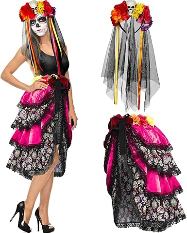 Photo 1 of 2 Pcs Halloween Day of The Dead Costumes Rose Mexican Flower Headband for Women Set Gothic Bustle for Party Costume Events