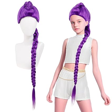 Photo 1 of 47 Inches Long Purple Braided Wig for Girls Natural Looking Hair Anime Costume Wig for Stage Party Halloween Costume Cosplay (Purple, 120cm, All-in-one Lace Front)