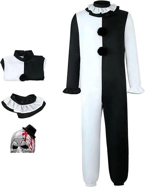 Photo 1 of Adult Terrifier Costume Jumpsuit Outfit Scary Art the Killer Cosplay Black and White Bodysuit Halloween - M