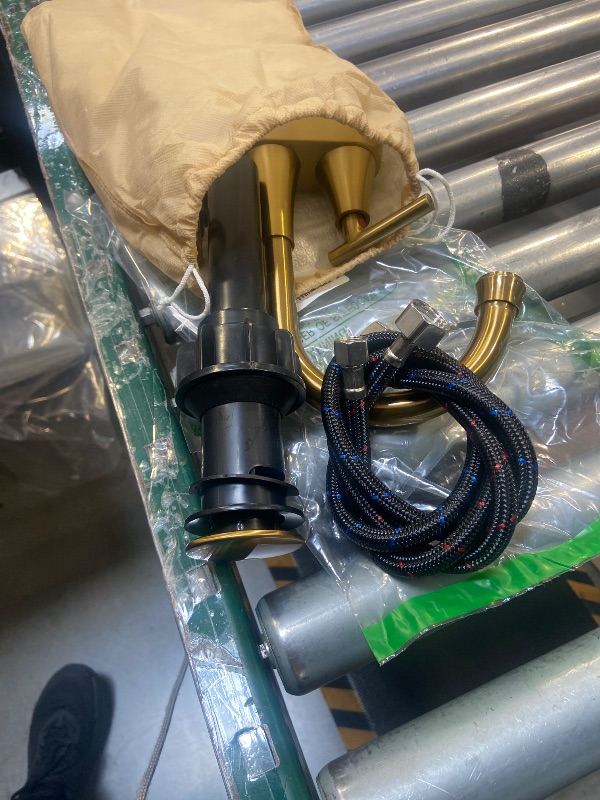 Photo 1 of 4 inch Brushed Gold Bathroom Sink Faucet with Pop-up Drain and 2 Supply Hoses, Stainless Steel Lead-Free 2-Handle Centerset Faucet for Bathroom Sink Vanity RV