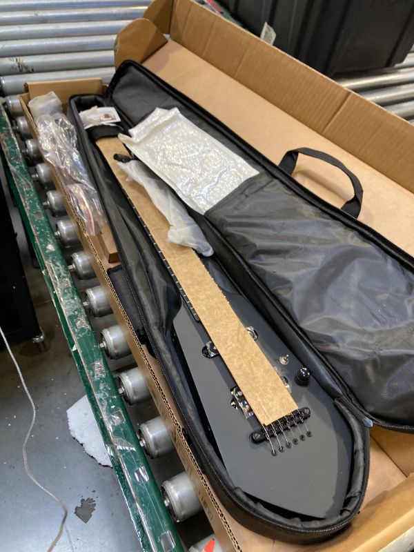 Photo 1 of Mini Travel Electric Guitar, Small Lightweight Headless Guitar for Practice, Portable Compact Solid Body Easy Assemble Stands with Gig Bag, Black