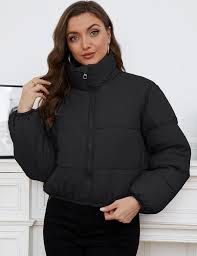 Photo 1 of Arssm Women Short Puffer Jackets Winter Cropped Puffy Coat Padded Full Zip Stand Collar Outerwear with Pockets small