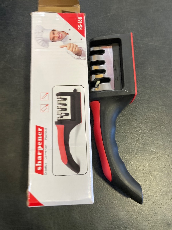 Photo 1 of 4-in-1 Kitchen Knife Sharpener, Professional Grade with Tungsten Steel and Ceramic Slots, Scissor Sharpening, Black/Red