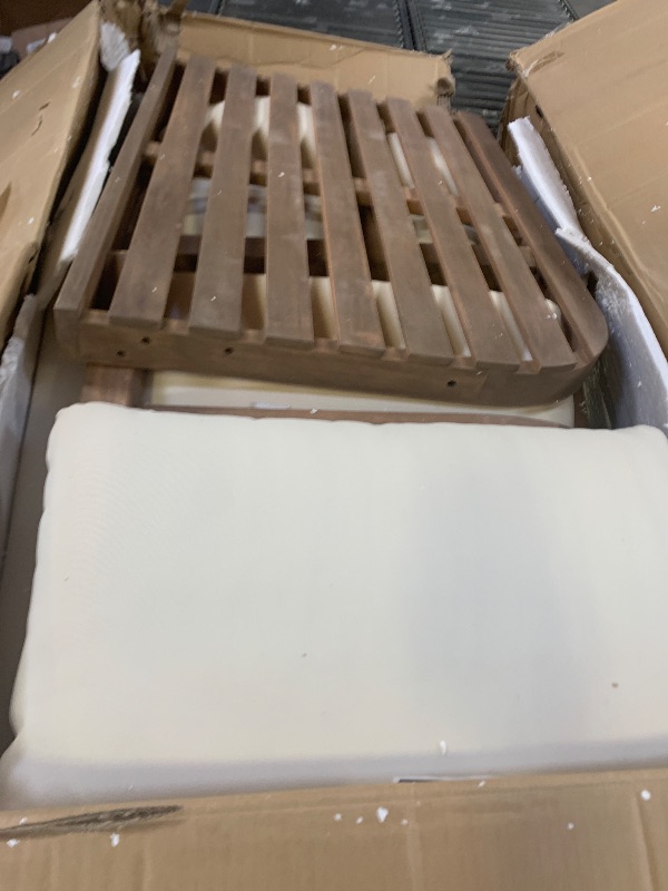 Photo 1 of *INCOMPLETE** Merax 3 Seater Outdoor Acacia Wood Patio Sofa with Cushions for Porch, Garden, Backyard, Balcony, Brown wash, Beige Cushion