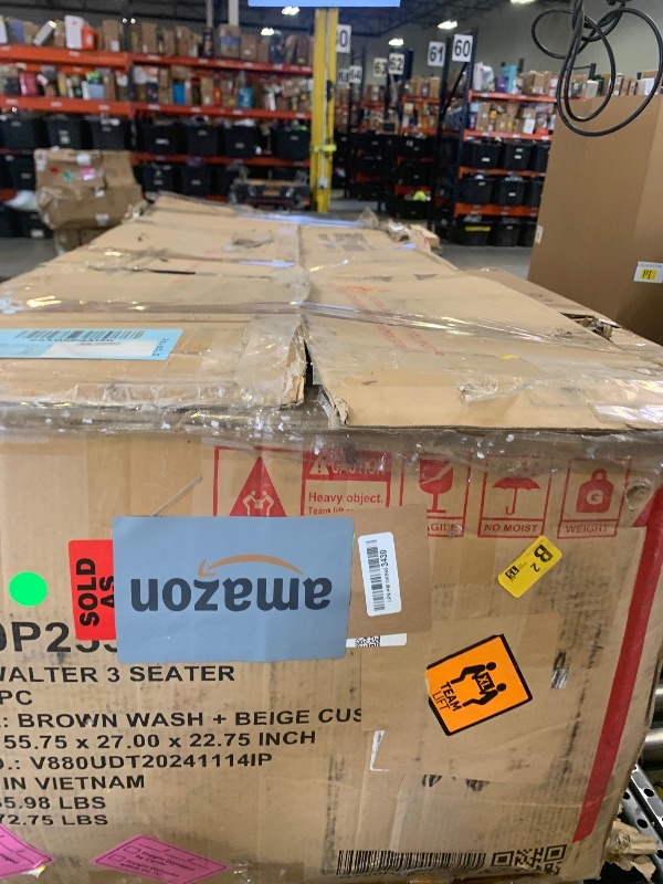 Photo 1 of *INCOMPLETE** Merax 3 Seater Outdoor Acacia Wood Patio Sofa with Cushions for Porch, Garden, Backyard, Balcony, Brown wash, Beige Cushion