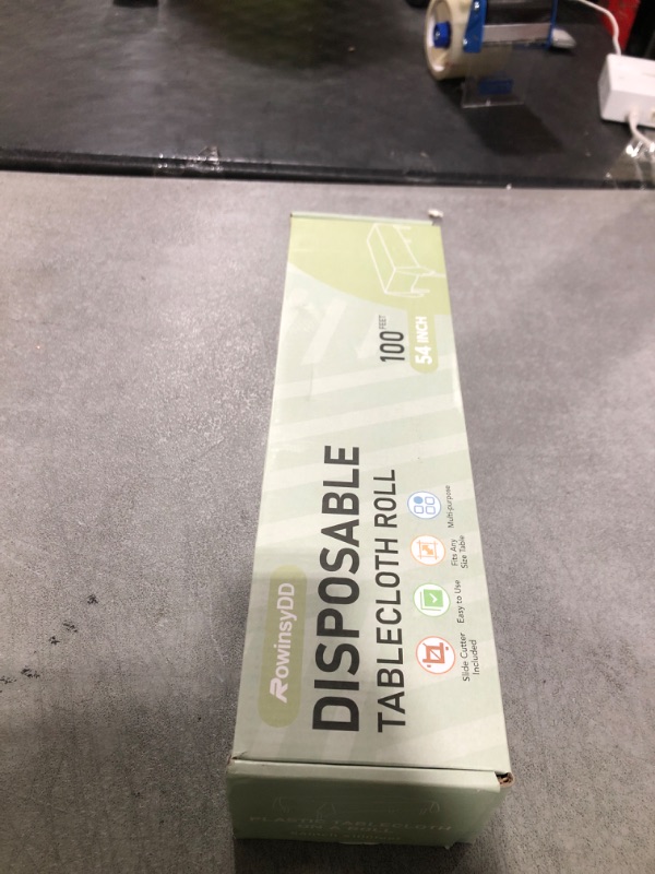 Photo 1 of 54 IN X 100 FT White Plastic Table Cover Roll with Slide Cutter, Cuts Up to 12 Rectangle 8 Feet Disposable Plastic Table Cloths, Disposable Table Cover Roll for Dinning, Parties, BBQ, Wedding, Outdoor