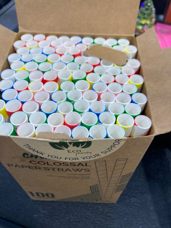 Photo 1 of [10mm Wide] Chunspak 6" Short Fat Colorful Striped Paper Drinking Straws Disposable 100 Counts for Smoothie, Milkshakes, Thick Drinks - Biodegradable