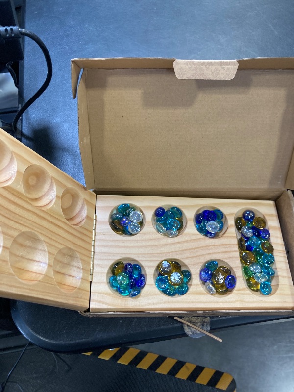 Photo 1 of AMEROUS Wooden Mancala Board Game Set - Folding Board - Multi Color Glass Stones - Gift Package - Mancala Instructions, Portable Travel Board Game for Kids and Adults