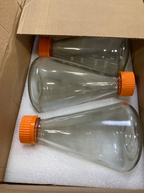 Photo 1 of 3 Pieces Pastein 1000ml Narrow Mouth Graduated Lab Erlenmeyer Glass Flask Bottle with GL45 Screw Cap (Orange)